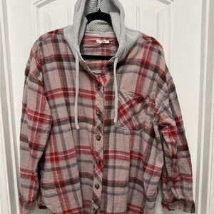 Maurice’s Top Woman’s Plus Size 2X Red Black Gray Plaid Button Up Hooded (24-23)